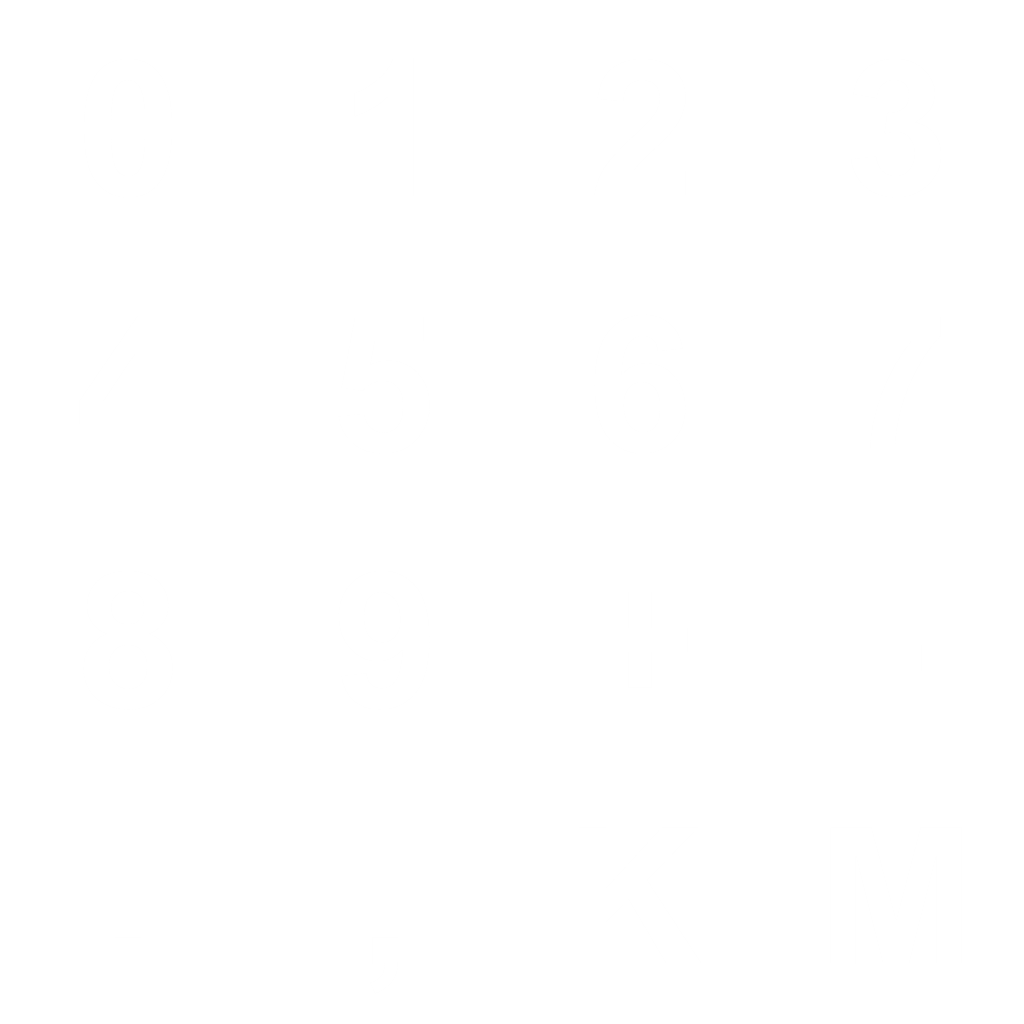 A four-by-four atlas containing 0 through 9, plus, minus, period, comma, K and M.
